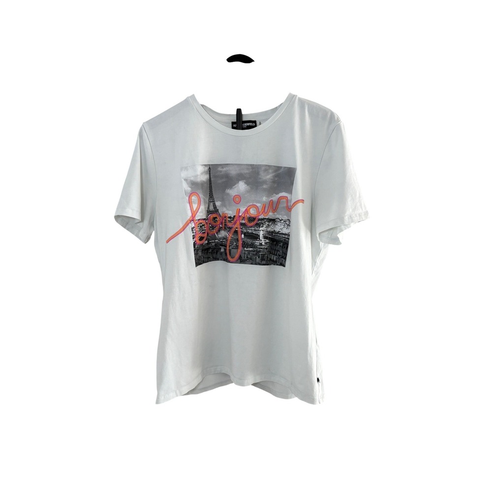 Karl Lagerfeld Paris Womens Bonjour Eiffel Tower Graphic T-Shirt White Large